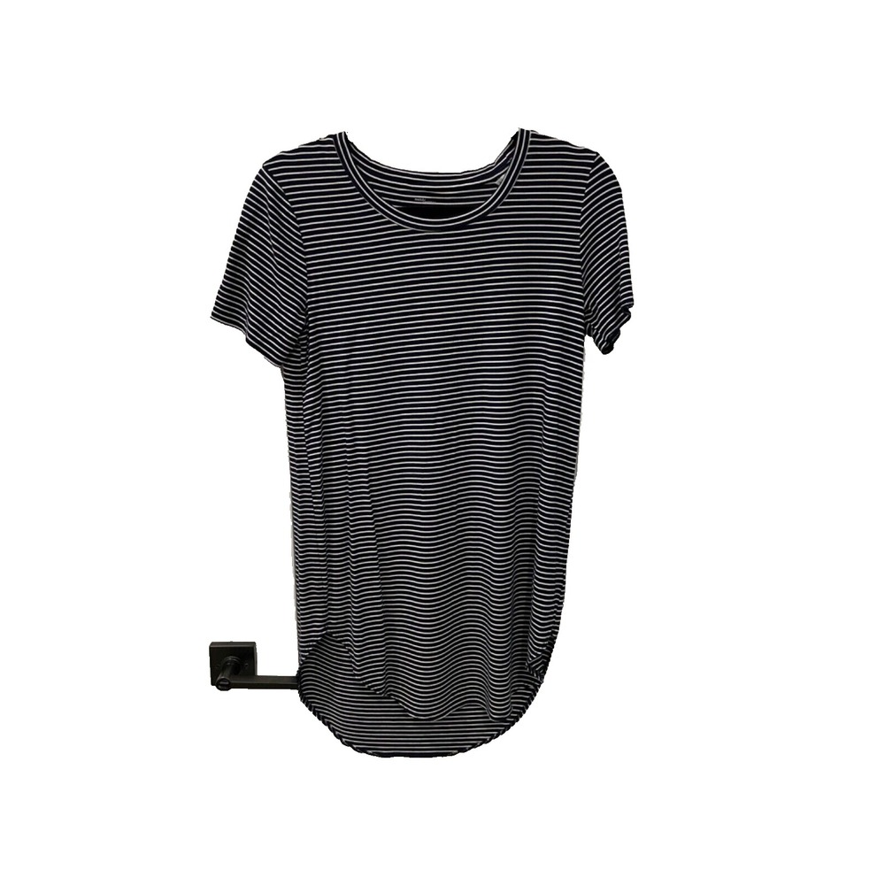 Womens crew neck long tunic top; Stretch; Navy/white stripes; Small